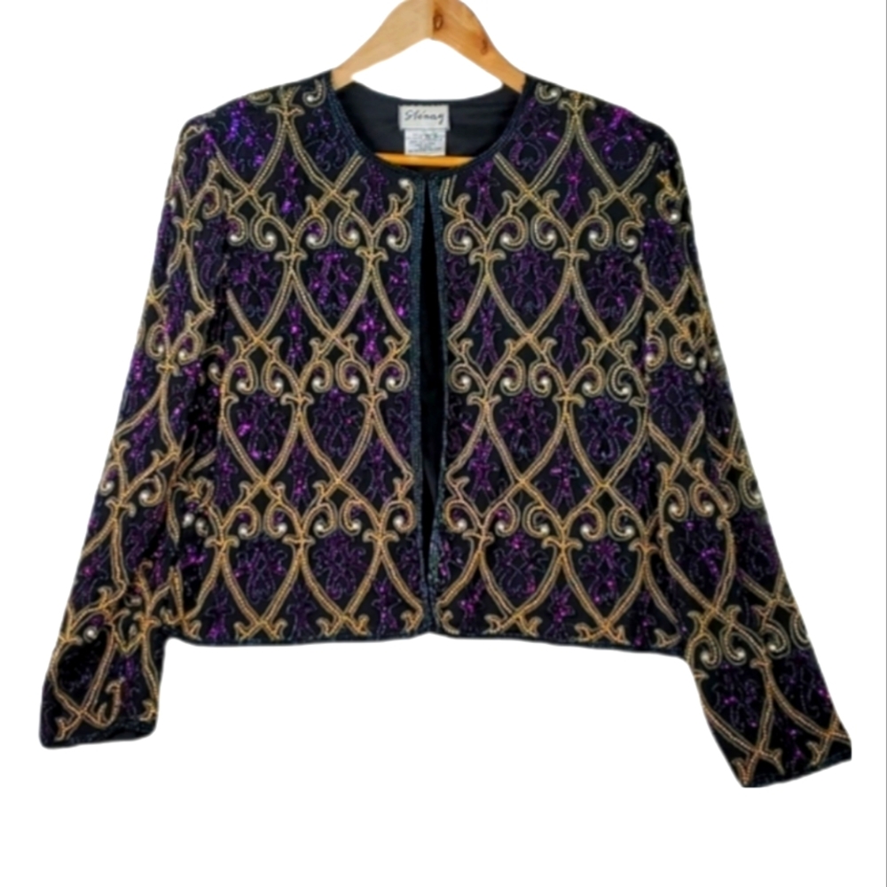 Vintage Stenay 100% silk beaded Sequin Pearl Jacket XL